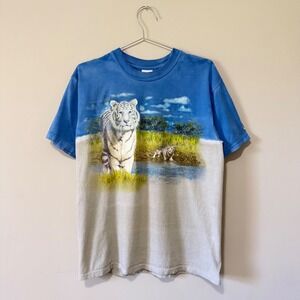 Gildan Lion Country Safari White Tiger Graphic T-Shirt Blue Dip Dye Mens Medium